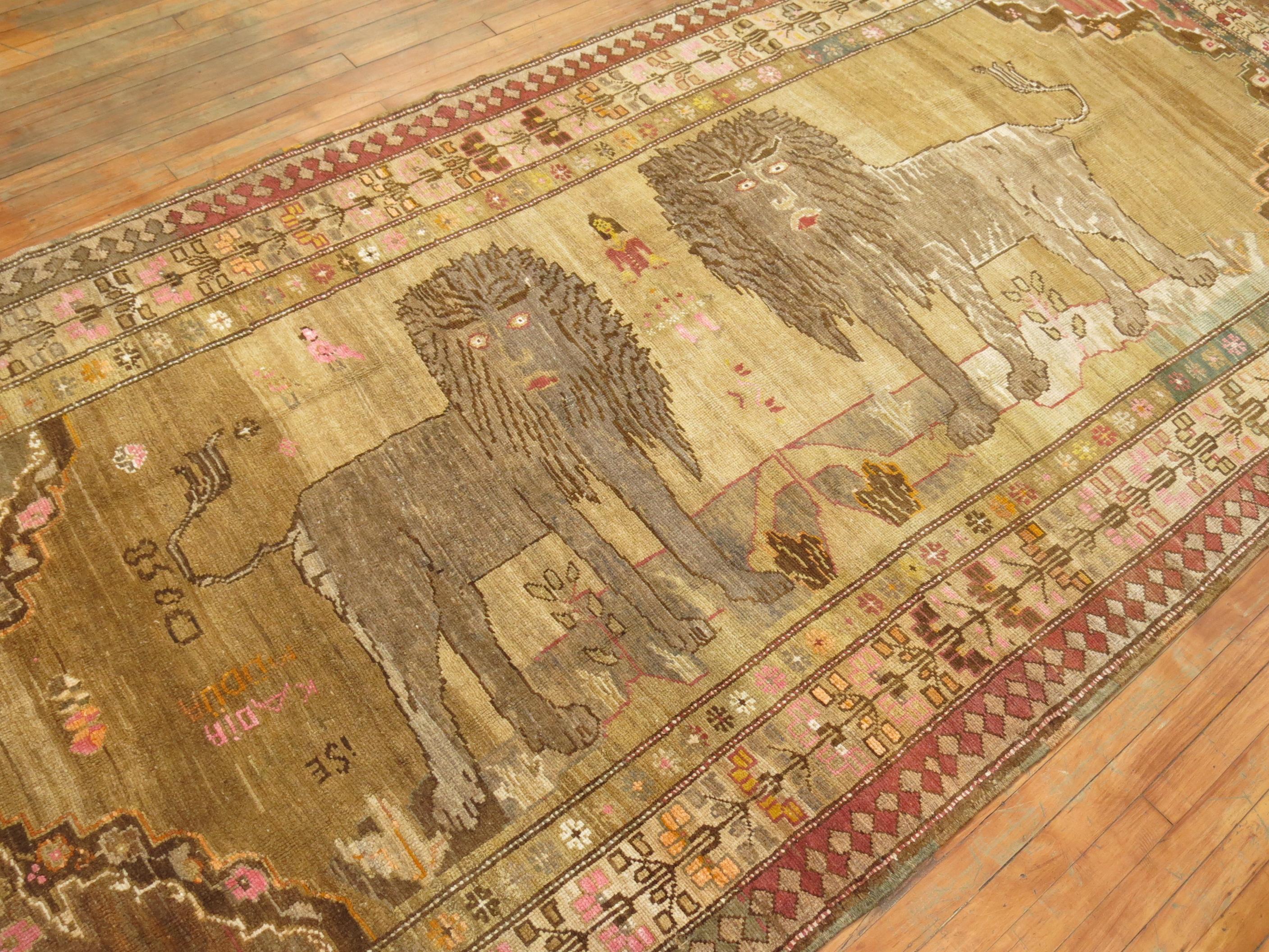 Double Lion Vintage Turkish Gallery Size Runner For Sale 4