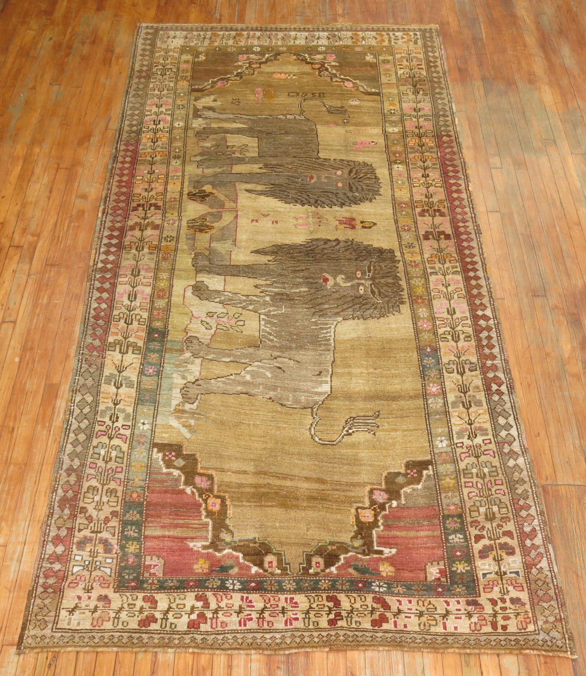 Double Lion Vintage Turkish Gallery Size Runner For Sale 6