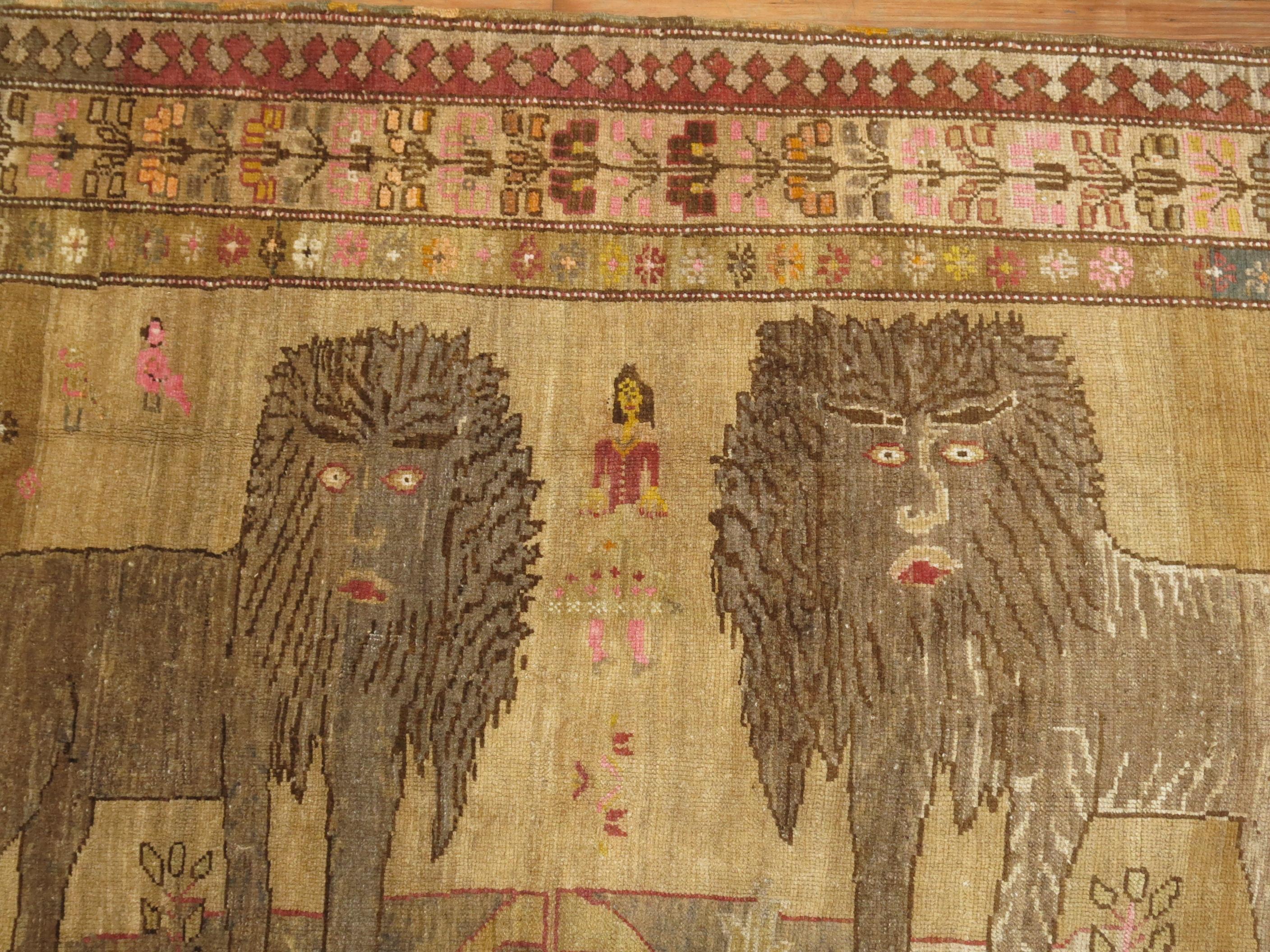 Wool Double Lion Vintage Turkish Gallery Size Runner For Sale