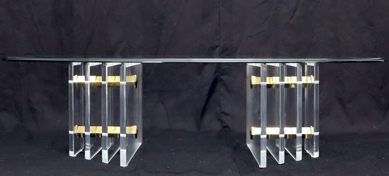 Brass Double Lucite Pedestal Oval Glass Top Coffee Table For Sale