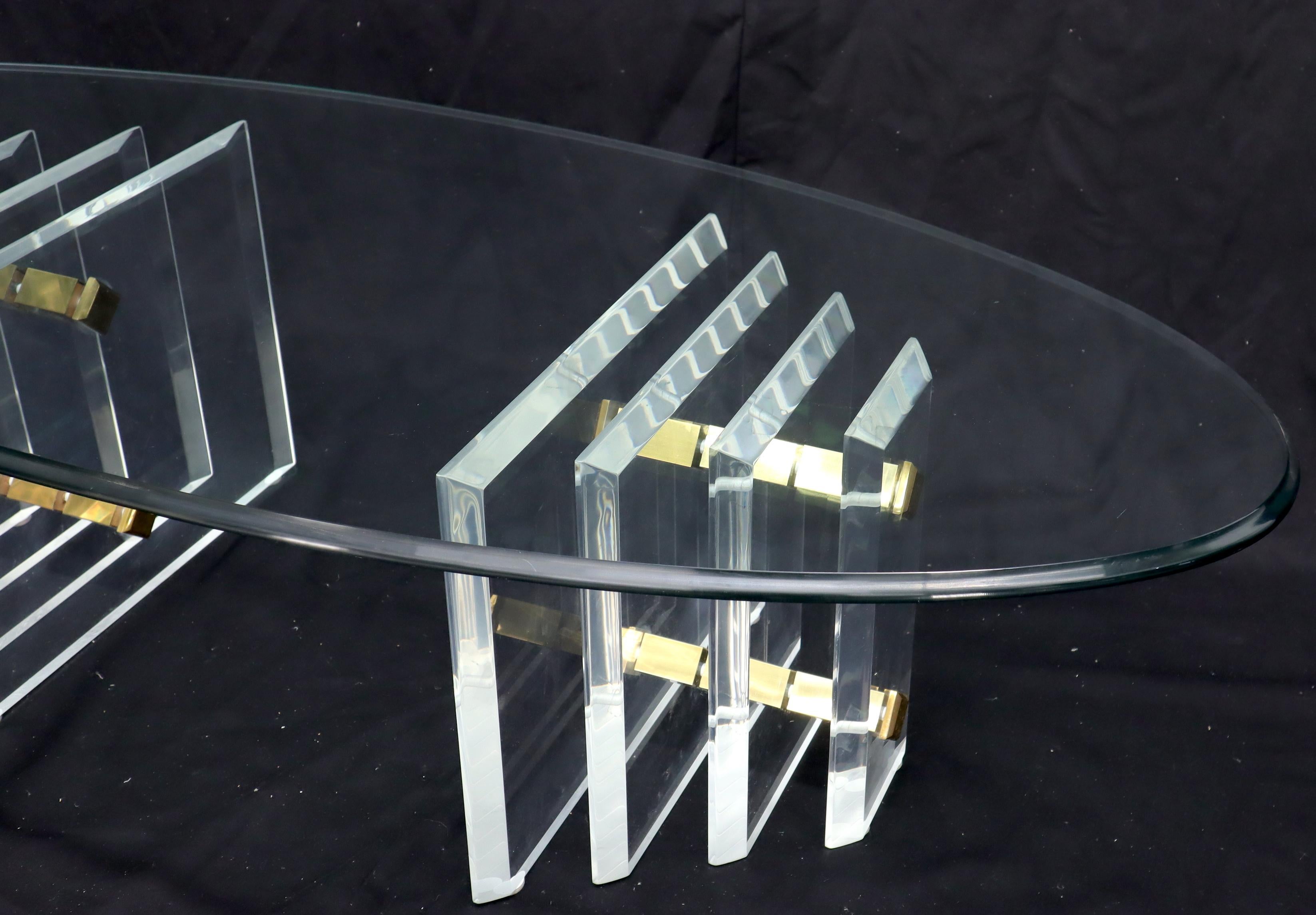 Brass Double Lucite Pedestal Oval Glass Top Coffee Table For Sale