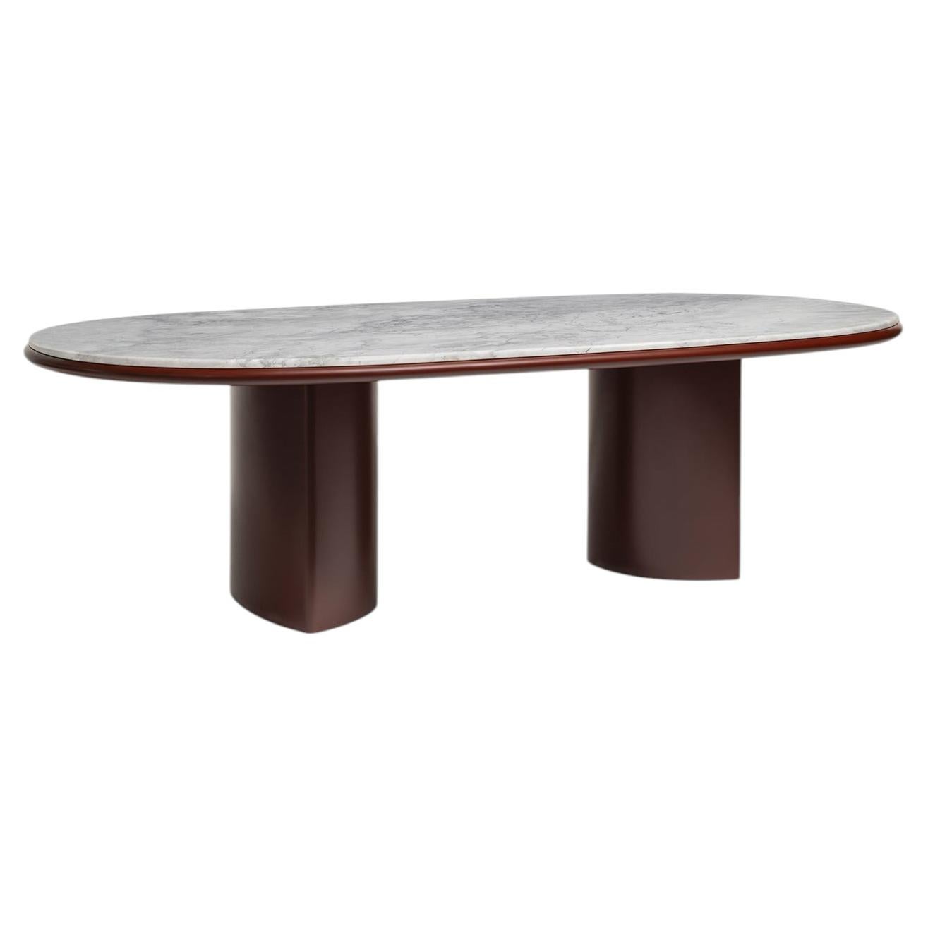 Double M Amarone Red Lacquered Base & White Carrara Marble Top Dining Table
