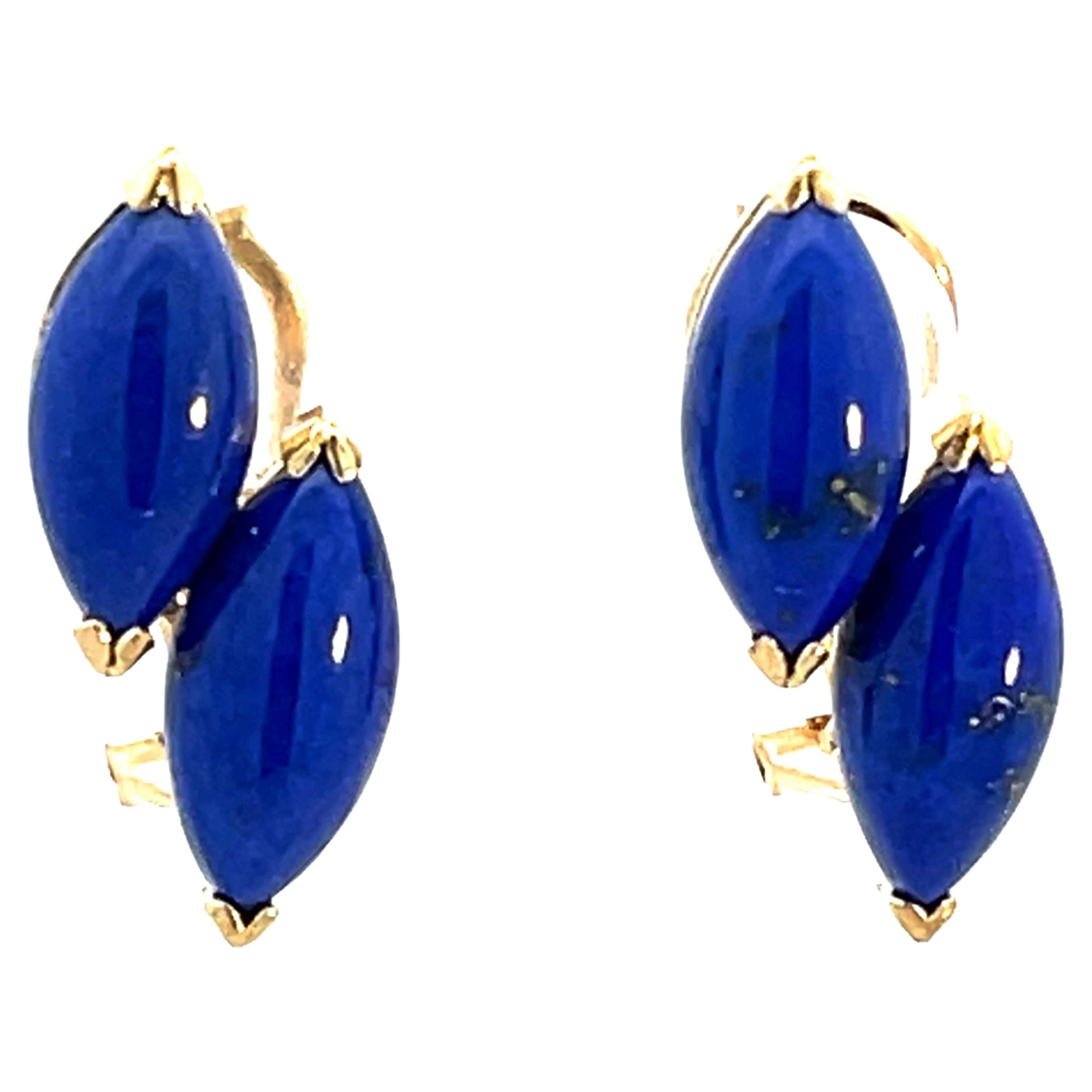 Boucles d'oreilles double marquise en or jaune 14 carats et lapis-lazuli