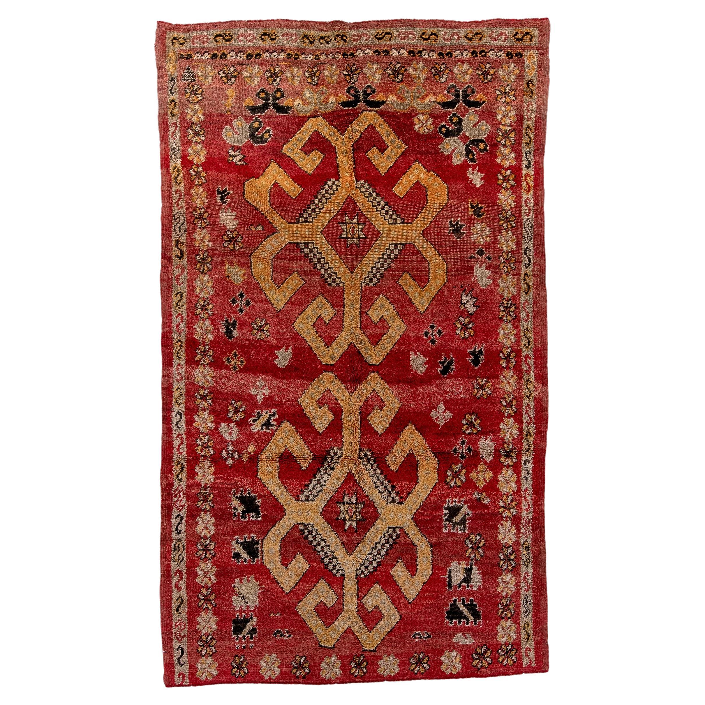 Double Medallion Moroccan Rug with Floral Geometric Motifs - Deep Red Old Gold