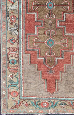 Vintage Turkish Oushak Rug in Warm Terracotta, Olive Brown, and Aqua Blue