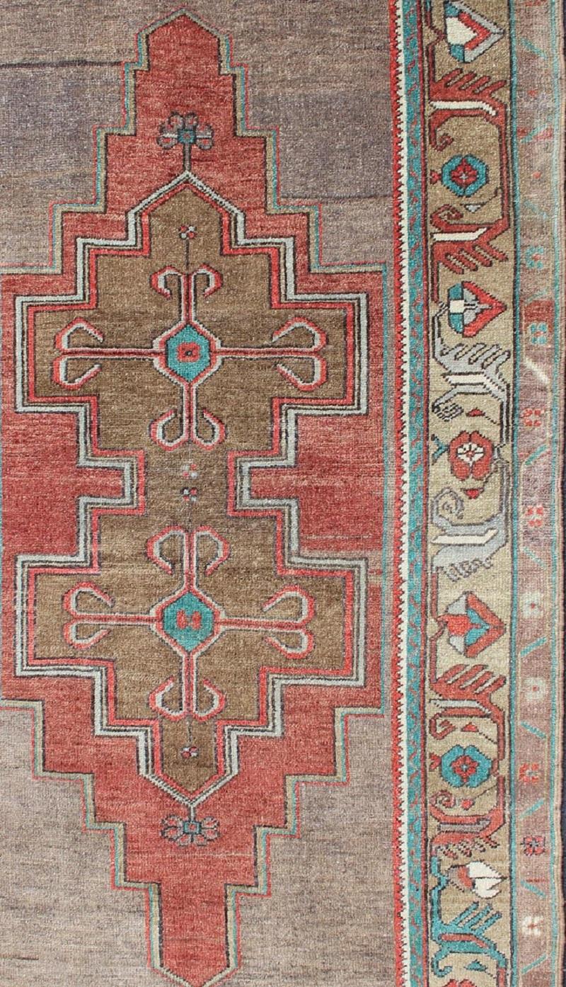 Hand-Knotted Double Medallion Vintage Turkish Oushak Rug in Rust Red and Turquoise For Sale