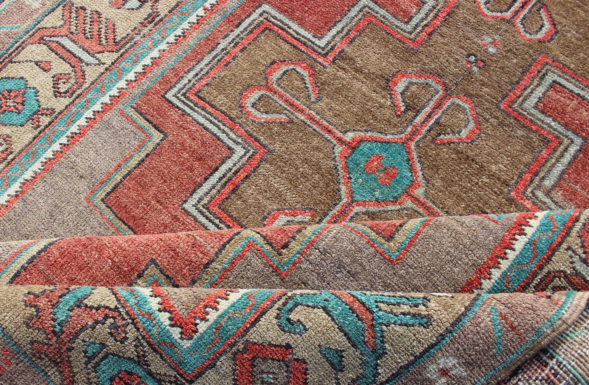 Double Medallion Vintage Turkish Oushak Rug in Rust Red and Turquoise In Good Condition For Sale In Atlanta, GA