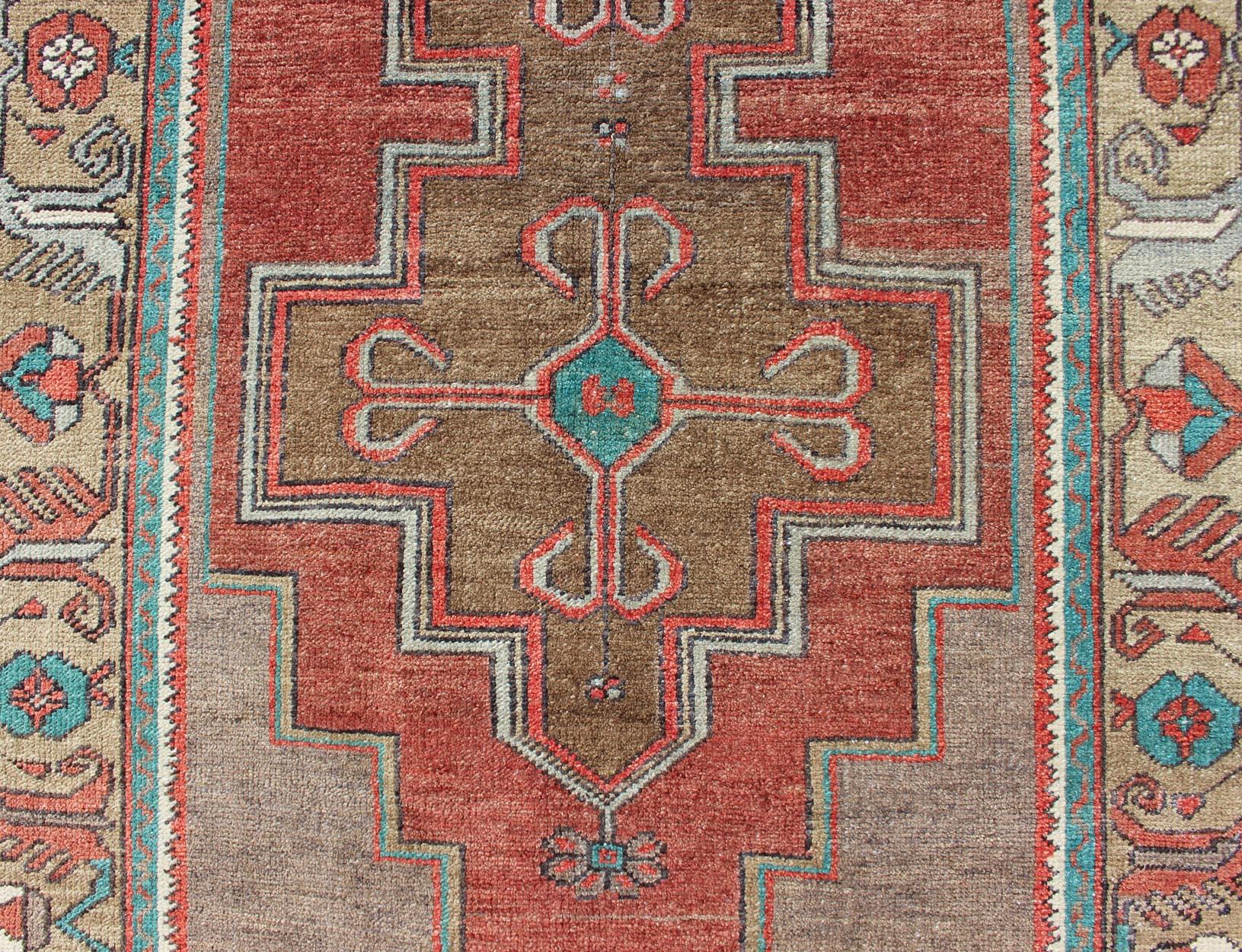Mid-20th Century Double Medallion Vintage Turkish Oushak Rug in Rust Red and Turquoise For Sale