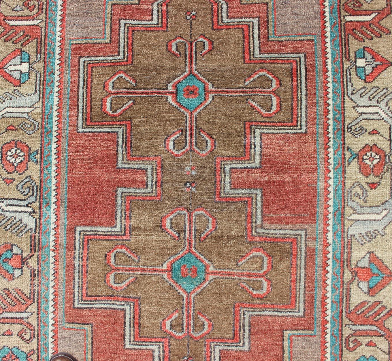 Wool Double Medallion Vintage Turkish Oushak Rug in Rust Red and Turquoise For Sale