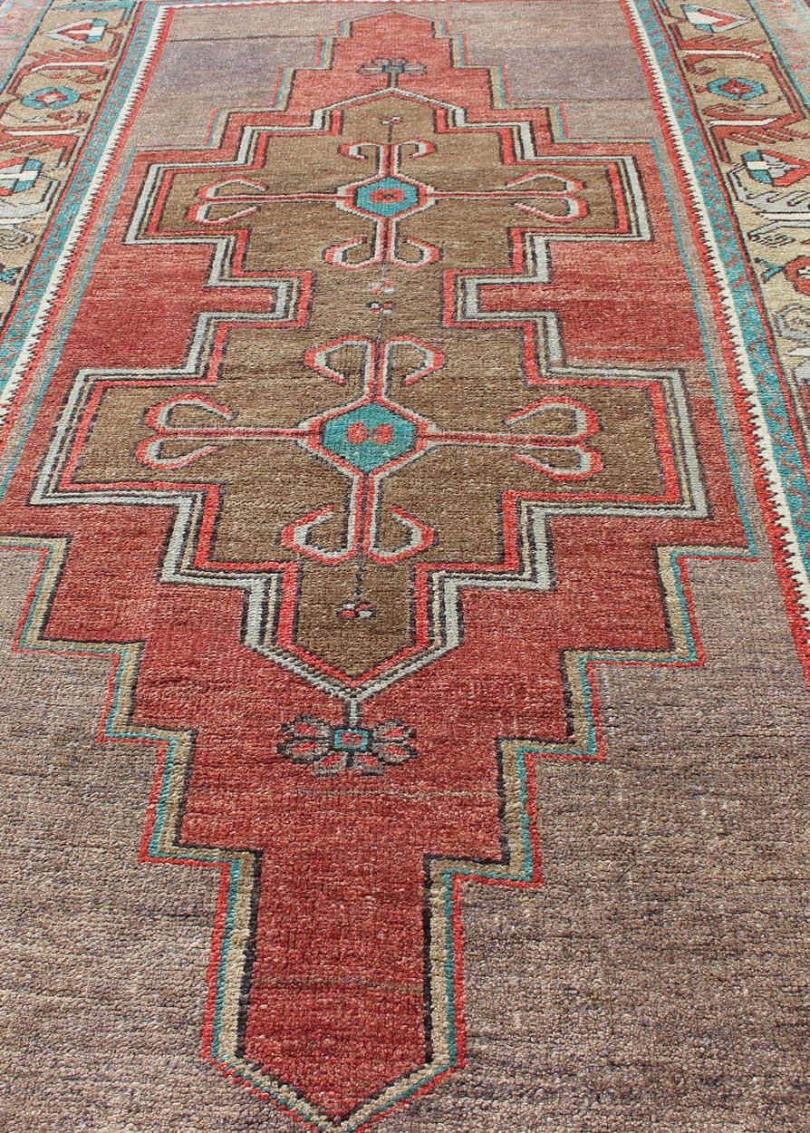 Double Medallion Vintage Turkish Oushak Rug in Rust Red and Turquoise For Sale 2
