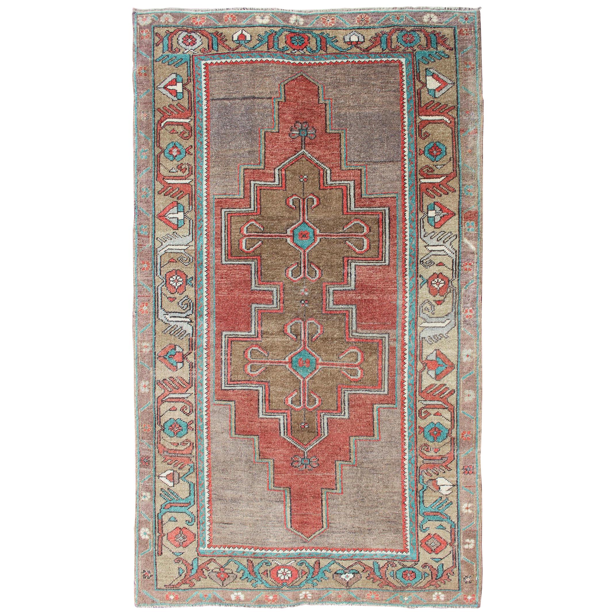 Double Medallion Vintage Turkish Oushak Rug in Rust Red and Turquoise For Sale