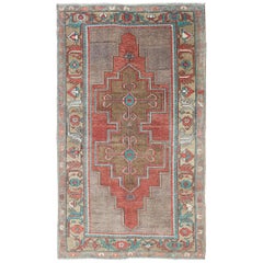 Double Medallion Vintage Turkish Oushak Rug in Rust Red and Turquoise