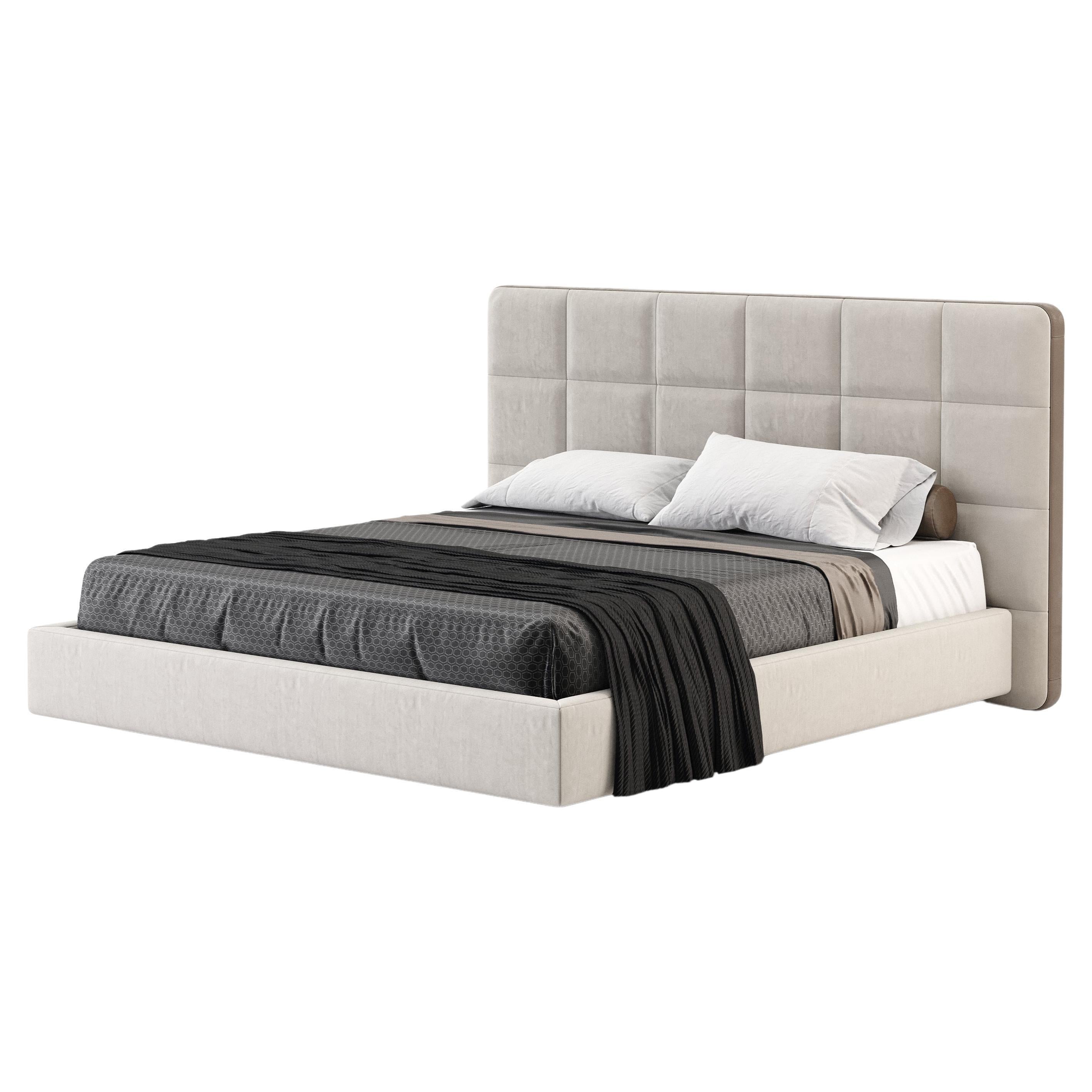 Double Modern Madrid Bed Made with Velvet and Leather, Handmade by Stylish Club For Sale