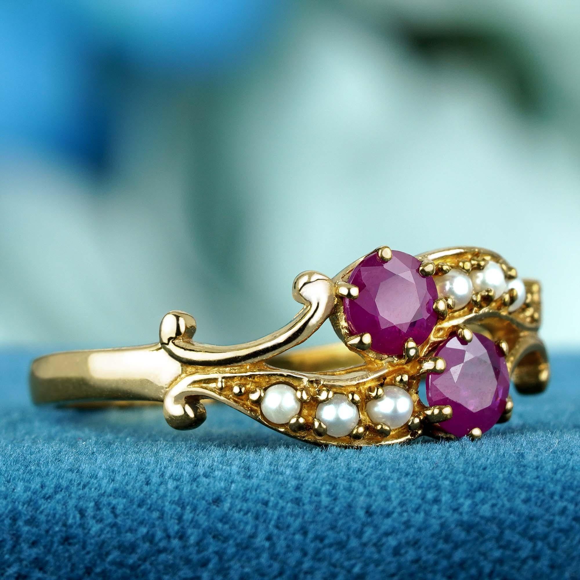 For Sale:  Double Natural Ruby and Pearl Vintage Style Two Stone Ring in Solid 9K Gold 3