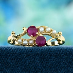 Double Natural Ruby and Pearl Vintage Style Two Stone Ring in Solid 9K Gold
