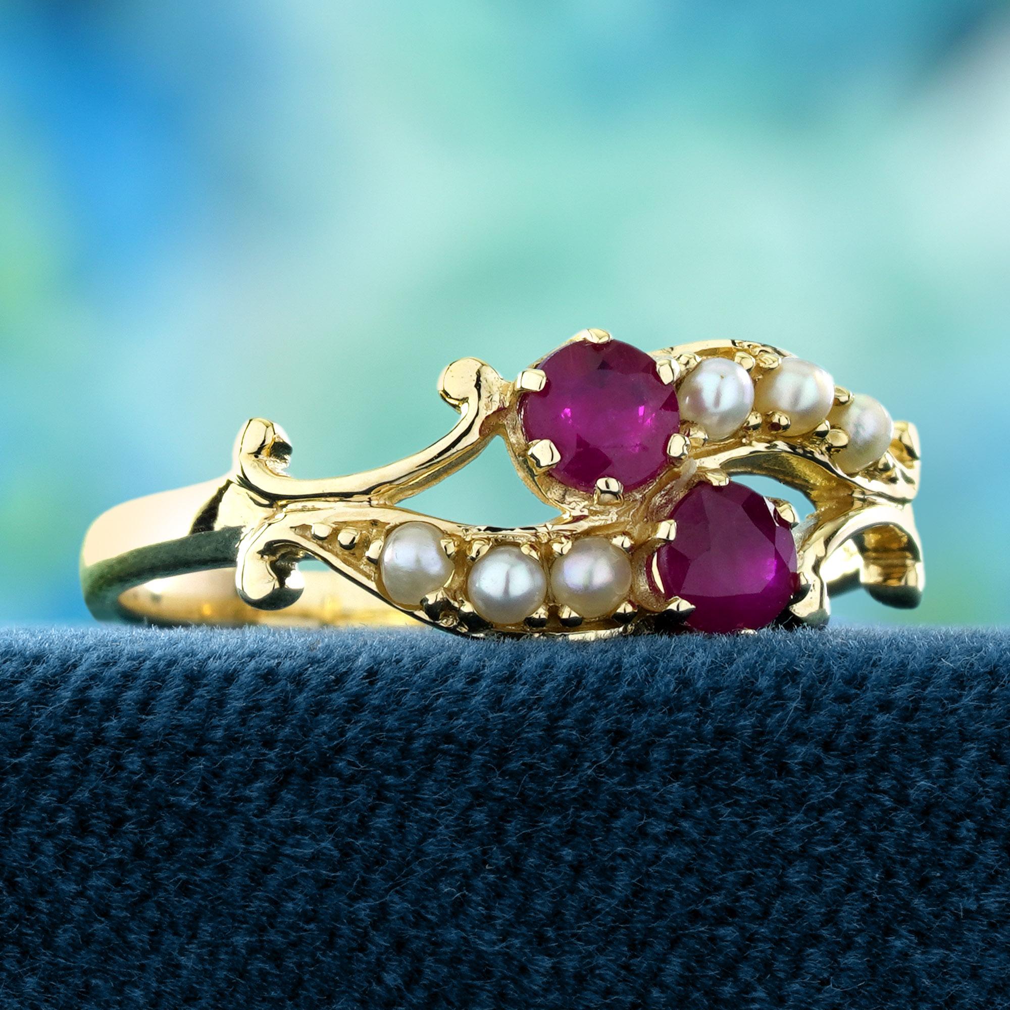 Doppelter natürlicher Rubin- und Perlenring im Vintage-Stil mit zwei Steinen aus massivem 9K Gold (Edwardian) im Angebot