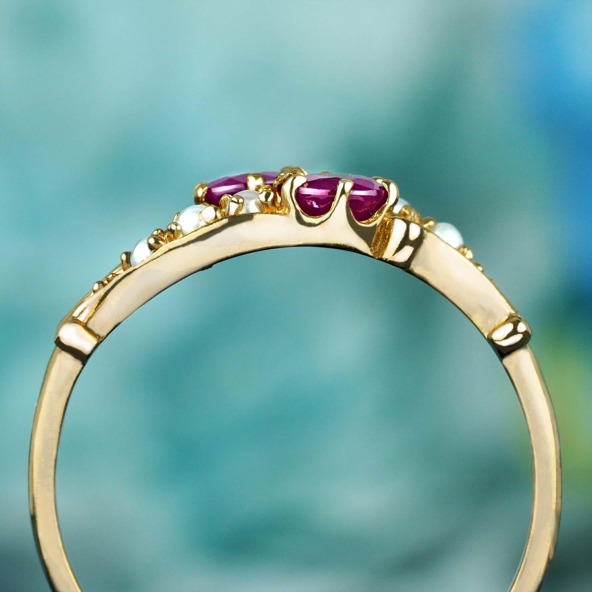 For Sale:  Double Natural Ruby and Pearl Vintage Style Two Stone Ring in Solid 9K Gold 5