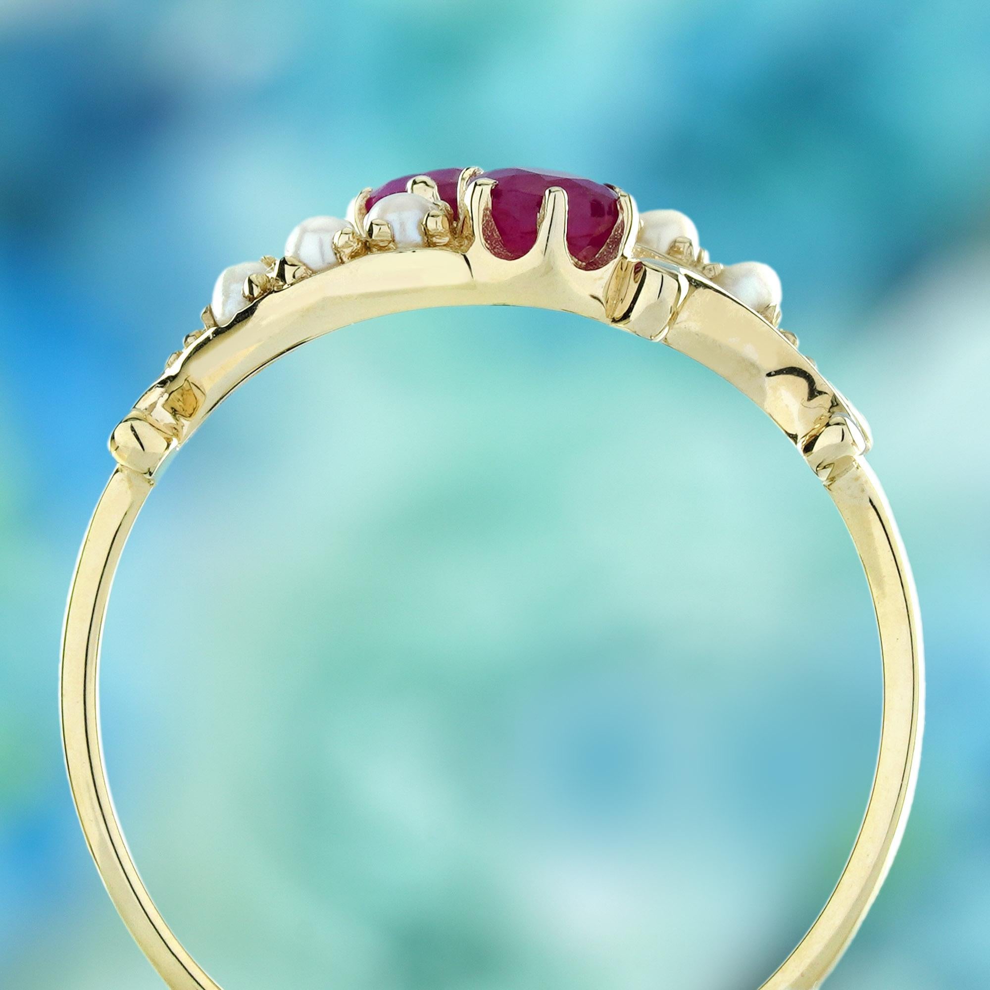 Doppelter natürlicher Rubin- und Perlenring im Vintage-Stil mit zwei Steinen aus massivem 9K Gold im Zustand „Neu“ im Angebot in Bangkok, TH