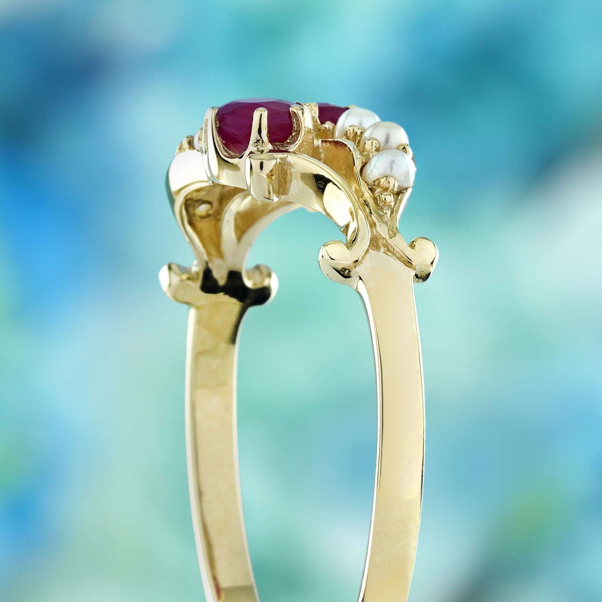 Doppelter natürlicher Rubin- und Perlenring im Vintage-Stil mit zwei Steinen aus massivem 9K Gold Damen im Angebot