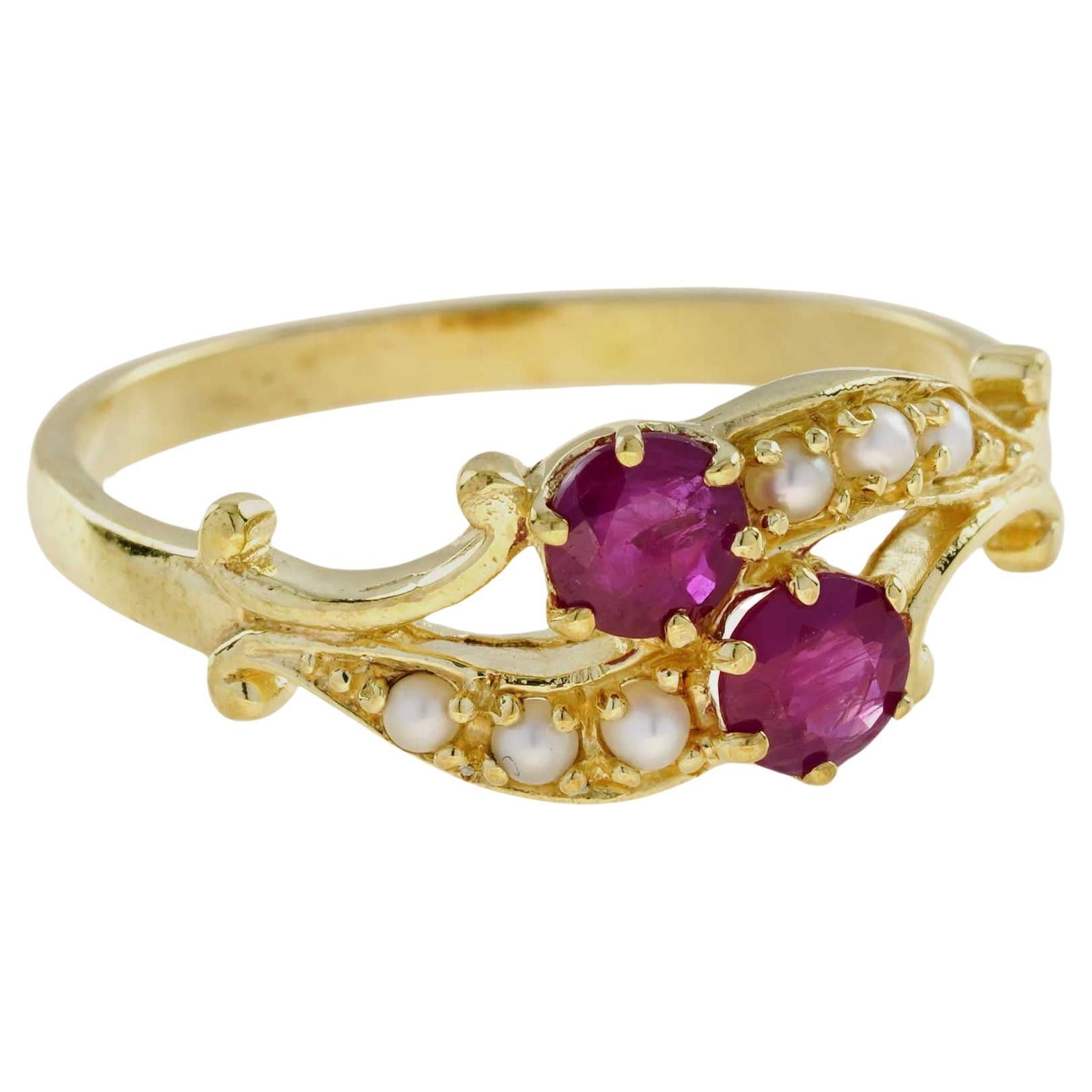 For Sale:  Double Natural Ruby and Pearl Vintage Style Two Stone Ring in Solid 9K Gold