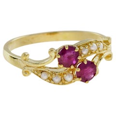 Double Natural Ruby and Pearl Vintage Style Two Stone Ring in Solid 9K Gold