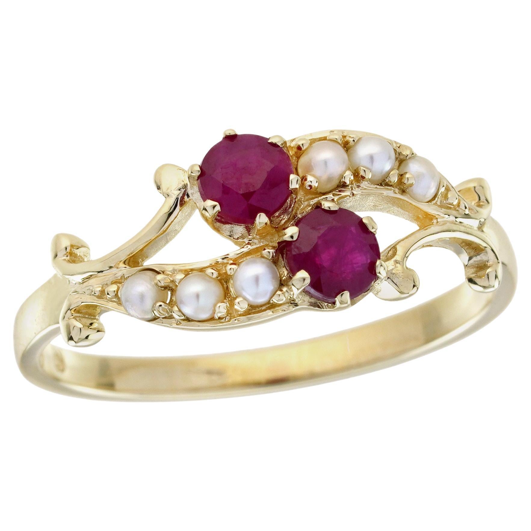 Anello a due pietre con doppio rubino naturale e perla in stile vintage in oro massiccio 9K