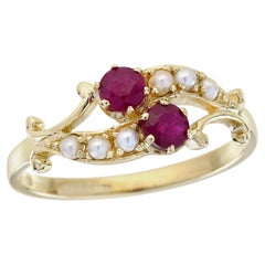 Anello a due pietre con doppio rubino naturale e perla in stile vintage in oro massiccio 9K