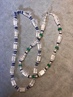 Double Nesting Tubular Rock Crystal Necklace with sapphire, cul. pearl, emerald