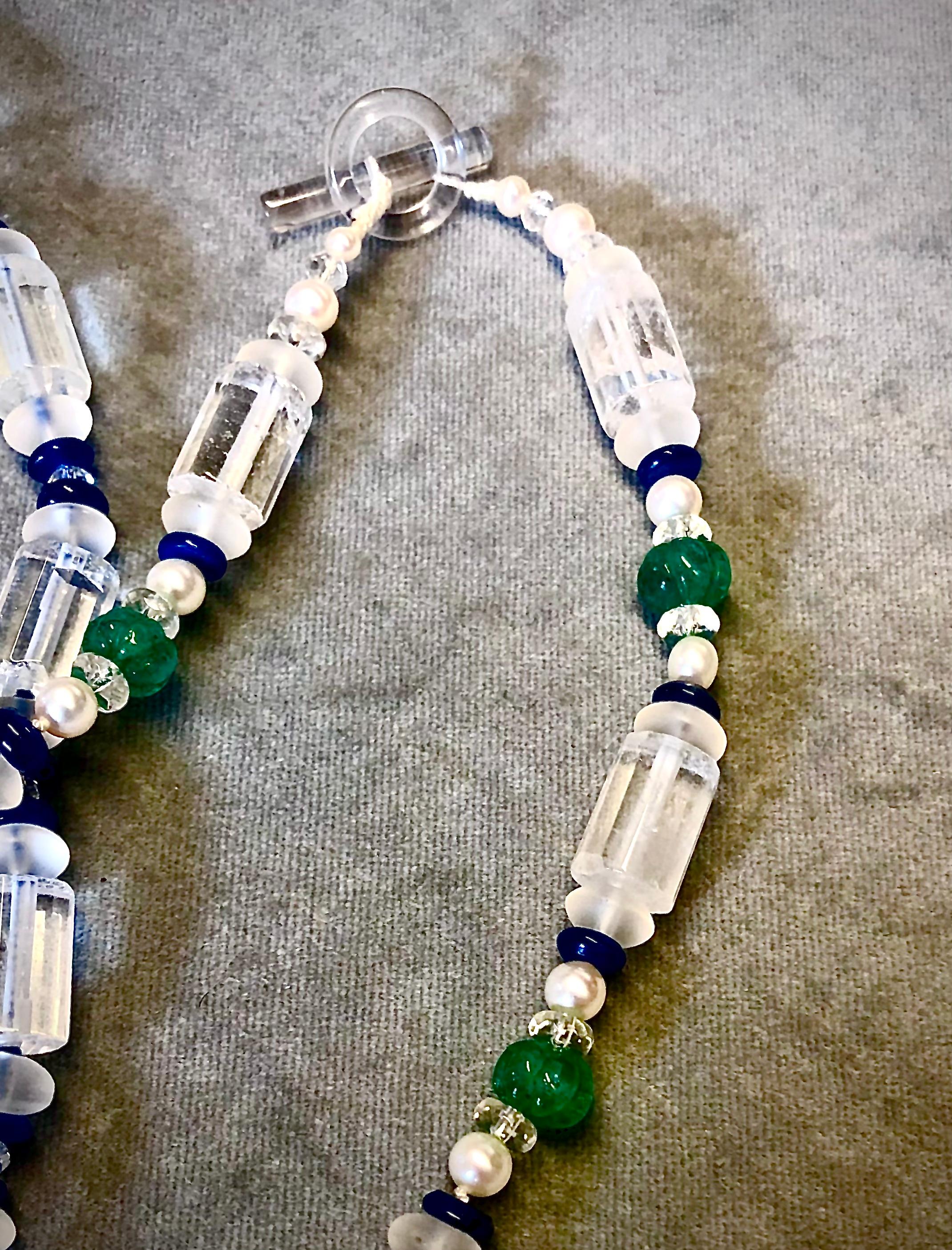 Art Deco Double Nesting Tubular Rock Crystal Necklace with sapphire, cul. pearl, emerald For Sale