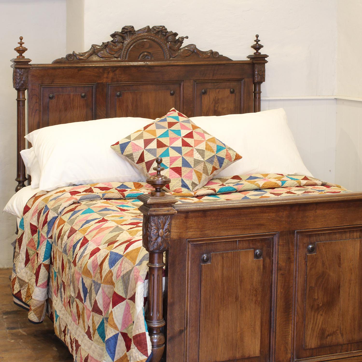 French Double Oak Breton Carved Antique Bed - WD53