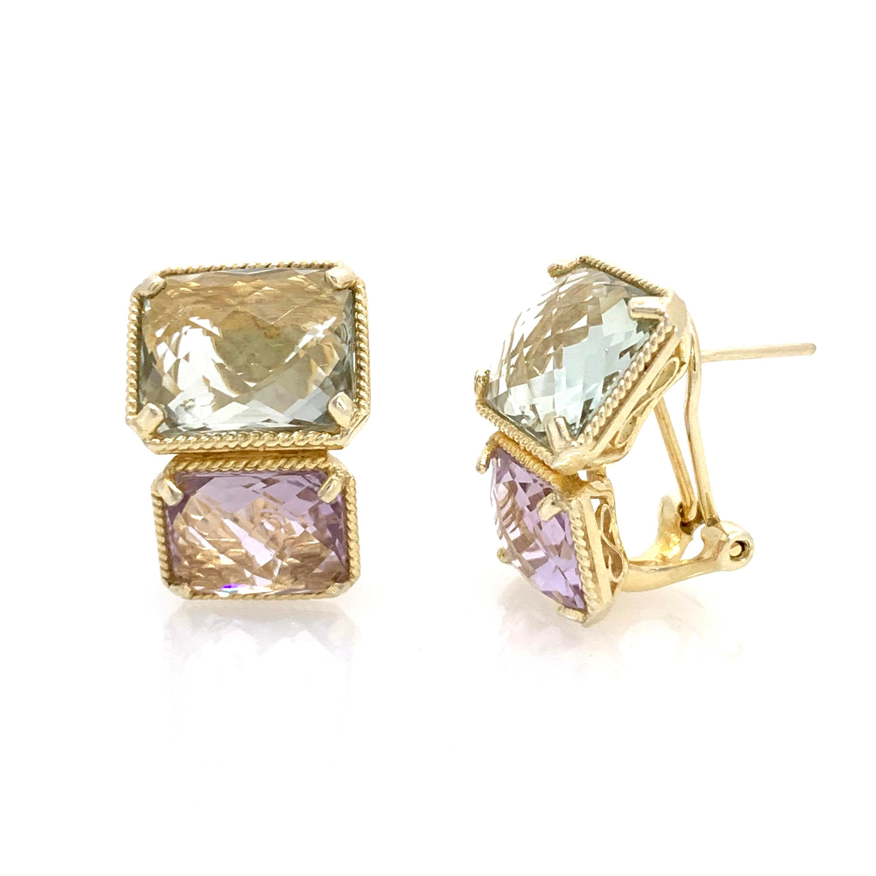 Contemporary Double Octagon Green Amethyst and Amethyst Earrings