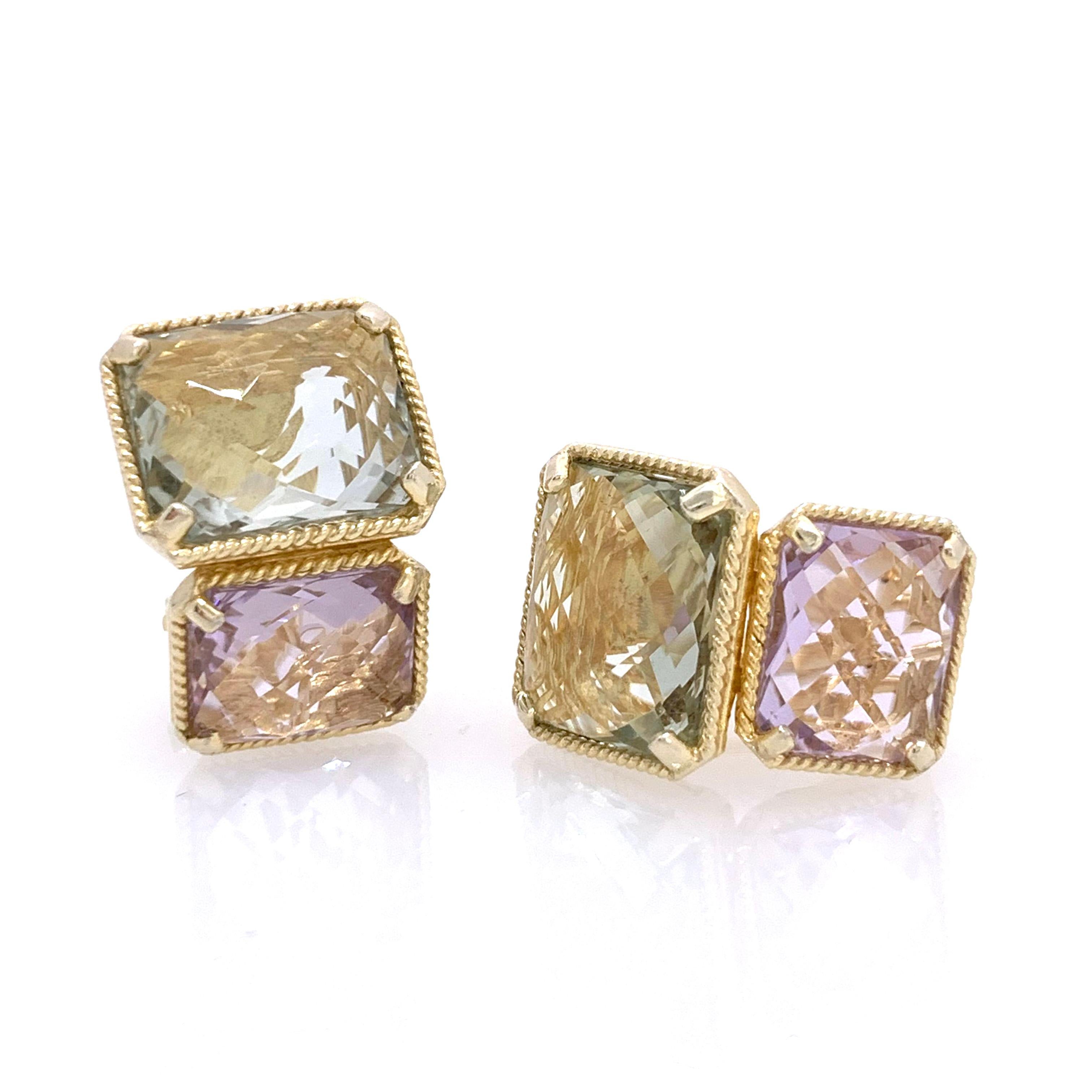Double Octagon Green Amethyst and Amethyst Earrings In New Condition In Los Angeles, CA