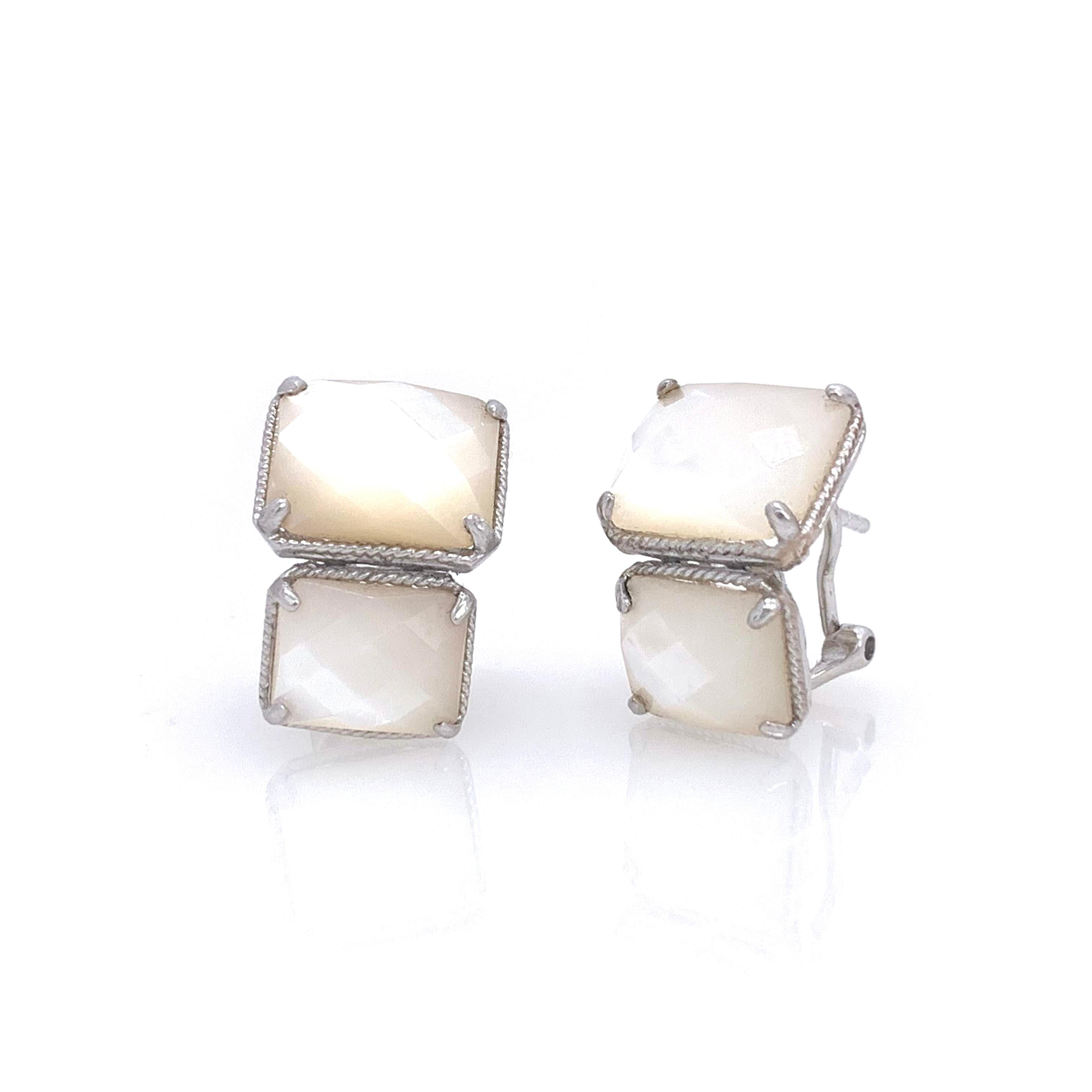Stunning Bijoux Num Double Octagon Mother of Pearl Sterling Silver Earrings. 

The earrings feature 4 luminous briolette-cut mother of pearl, handset in platinum rhodium plated over sterling silver.  Straight post back with omega clip backing. The
