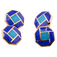 Double Octagonal Cufflinks Navy Blue & Turquoise Enameled Sterling Silver
