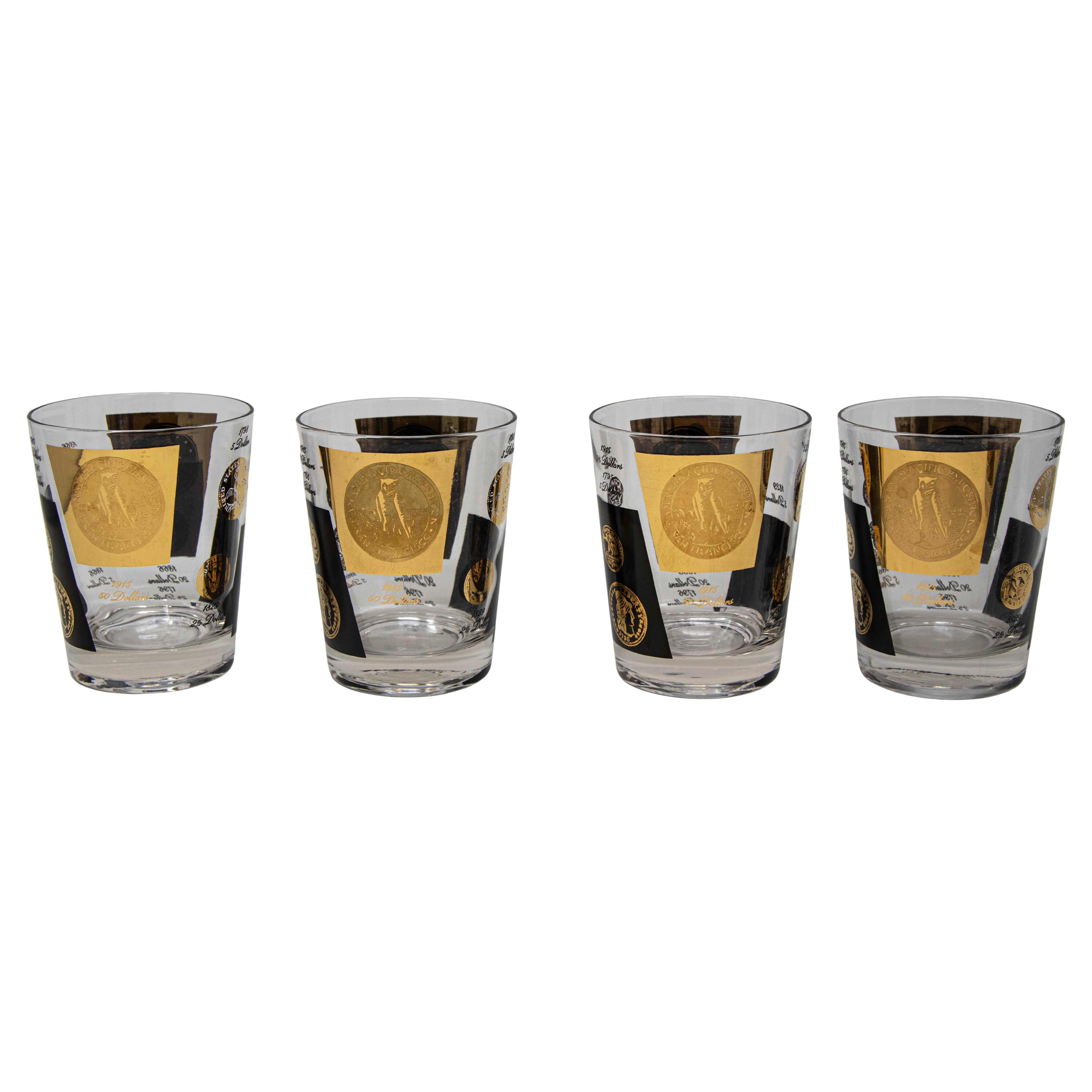 Juego de 4 vasos de bar Double Old Fashioned Gold and Black Coin by Cera 1960s