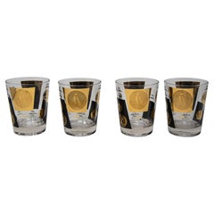 Juego de 4 vasos de bar Double Old Fashioned Gold and Black Coin by Cera 1960s