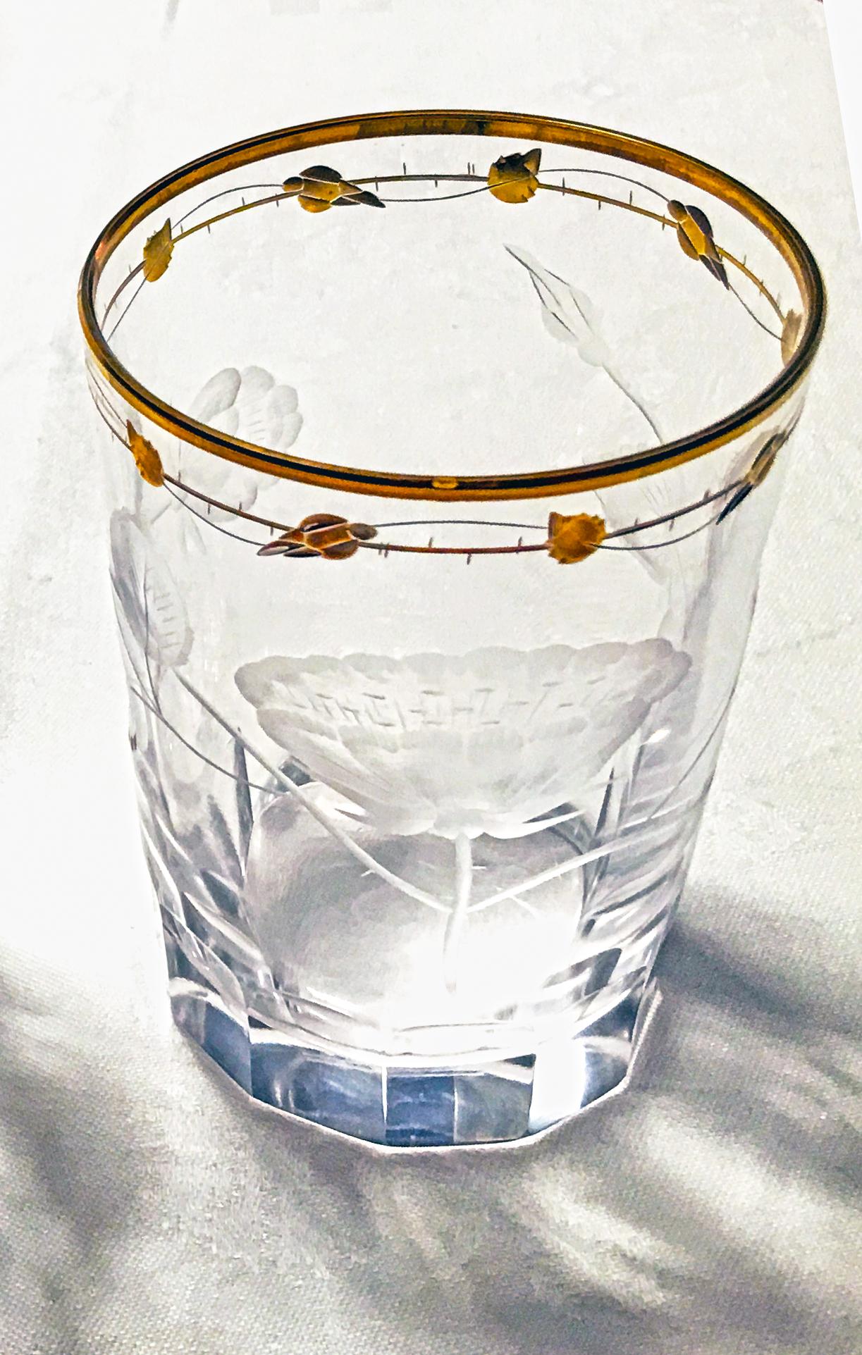 Czech Double Old Fashioned Hand Blown, Engraved, Gilded Glasses 'Paula' by Moser