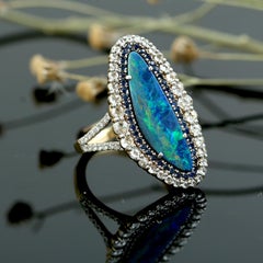 Double opal Cocktail Ring With Blue Sapphire & Diamonds Made In 18k Yellow Gold