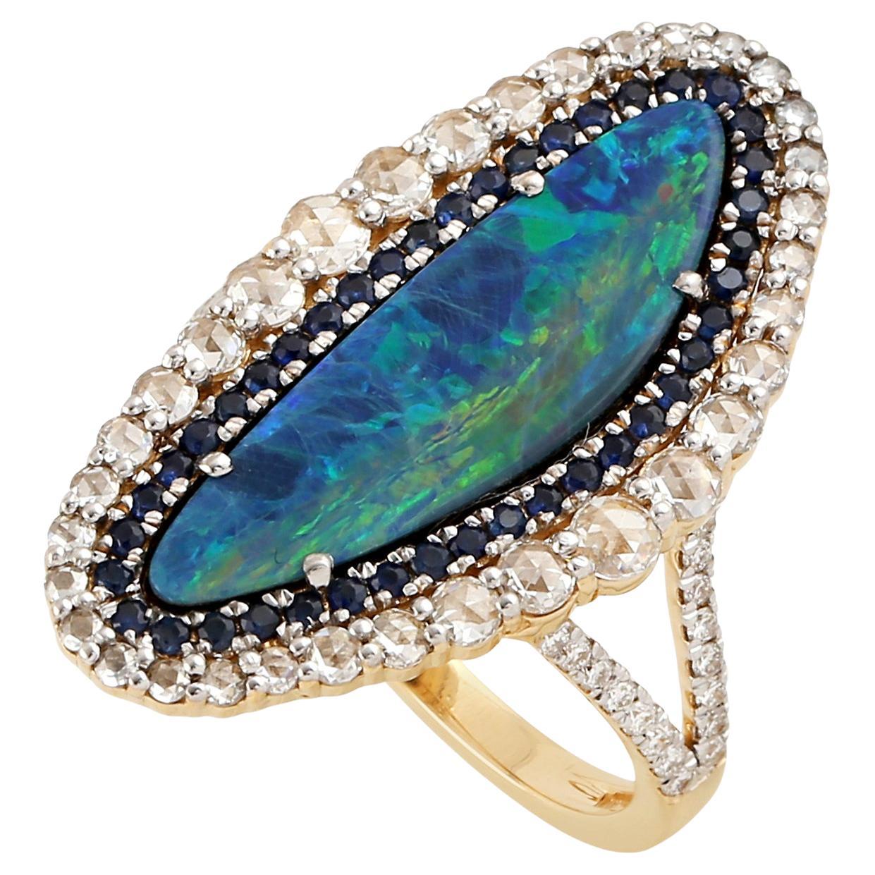 Double opal Cocktail Ring With Blue Sapphire & Diamonds Made In 18k Yellow Gold For Sale