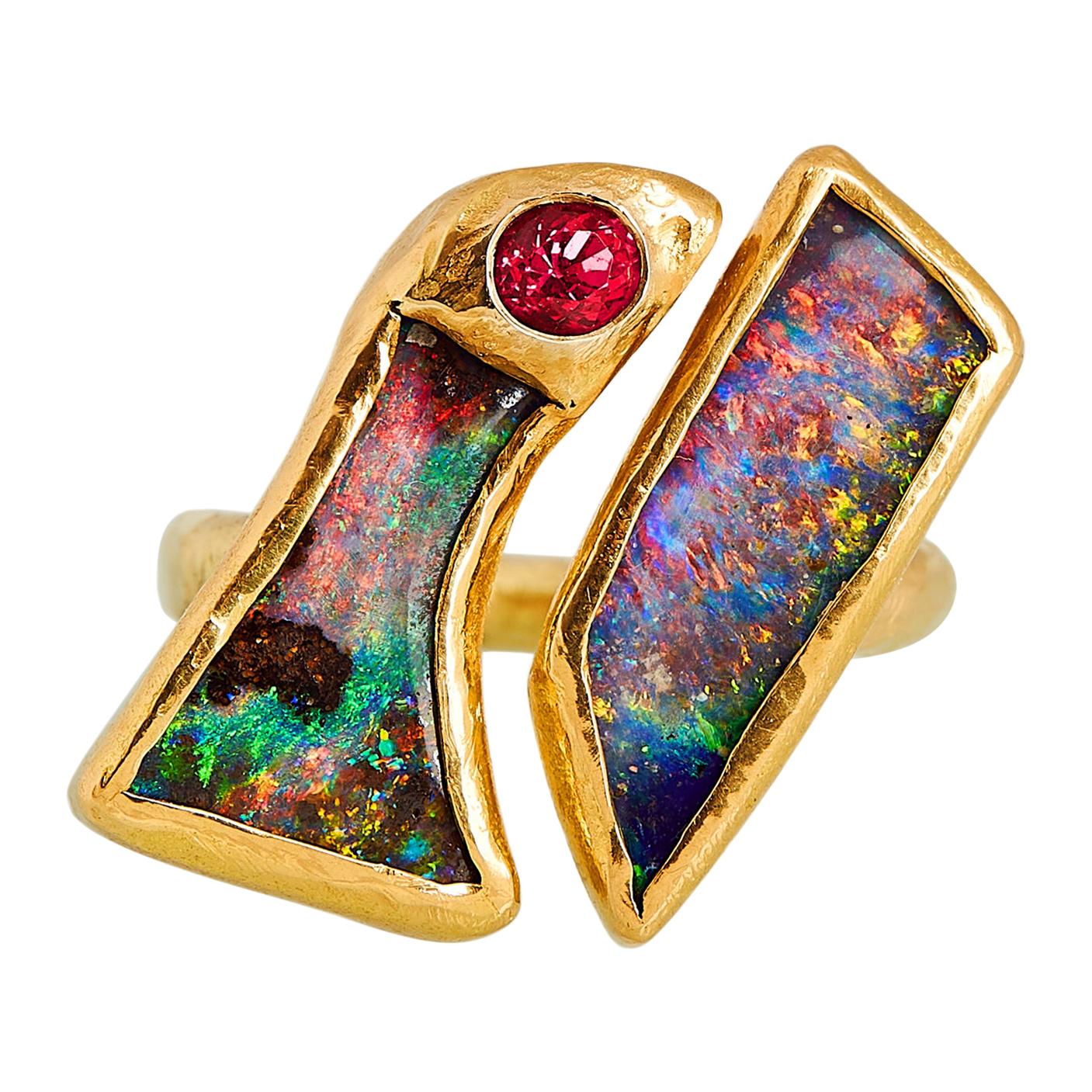 Double Opal Ring in Solid 22 and 18 Yellow Karat Gold with Spinel