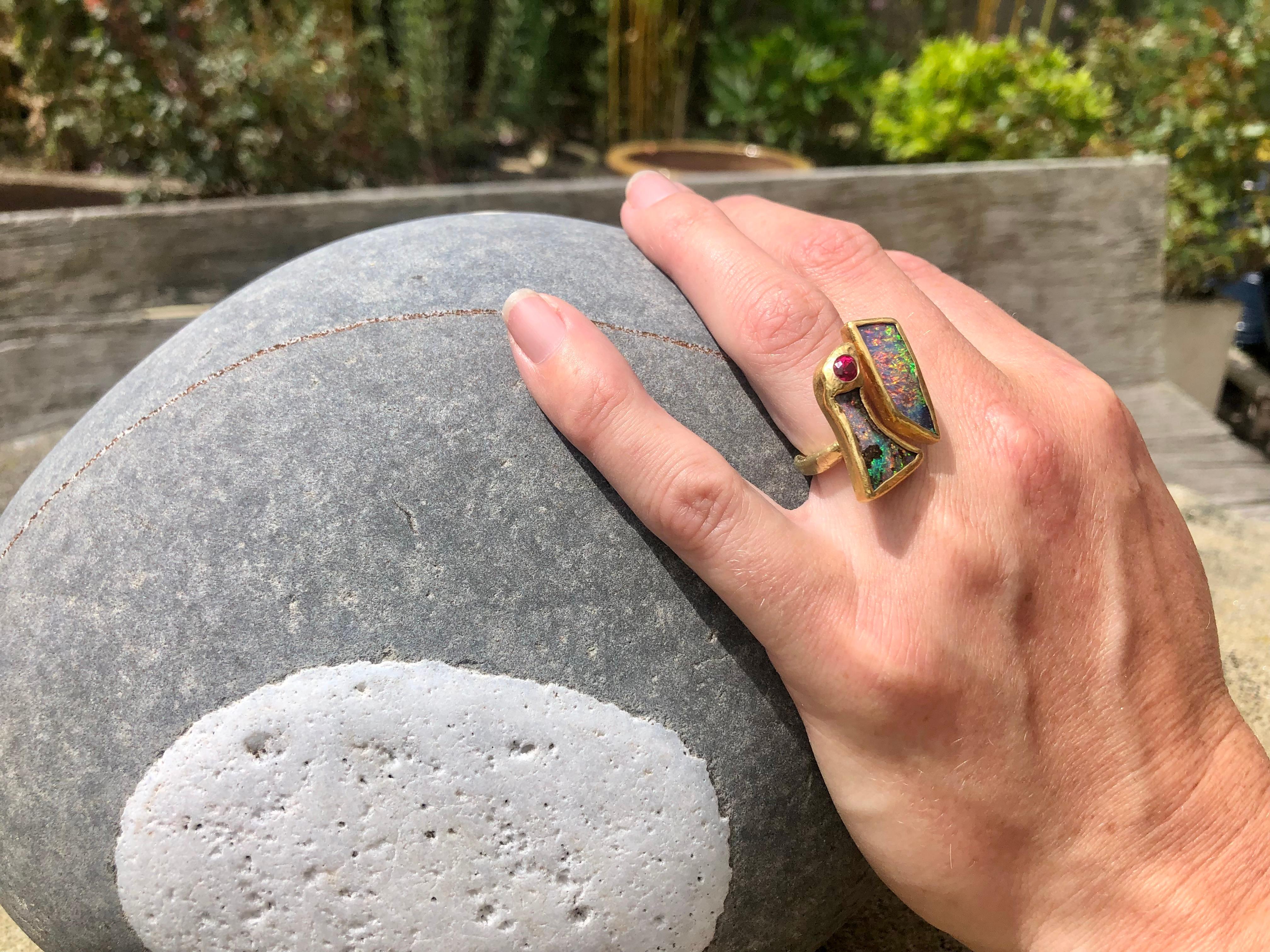 Mixed Cut Double Opal Ring in Solid 22 and 18 Yellow Karat Gold with Spinel