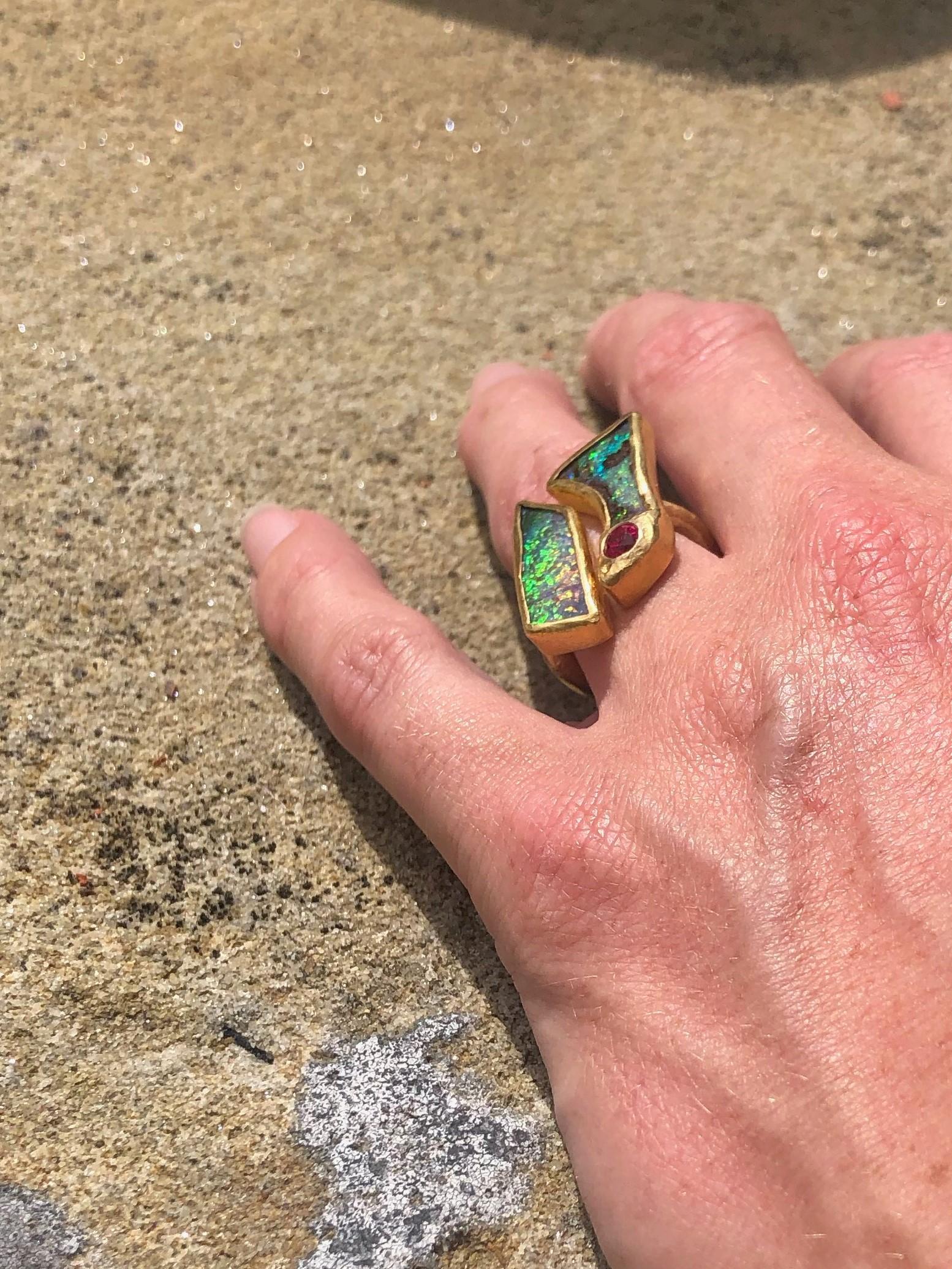Double Opal Ring in Solid 22 and 18 Yellow Karat Gold with Spinel In New Condition In Devon, GB