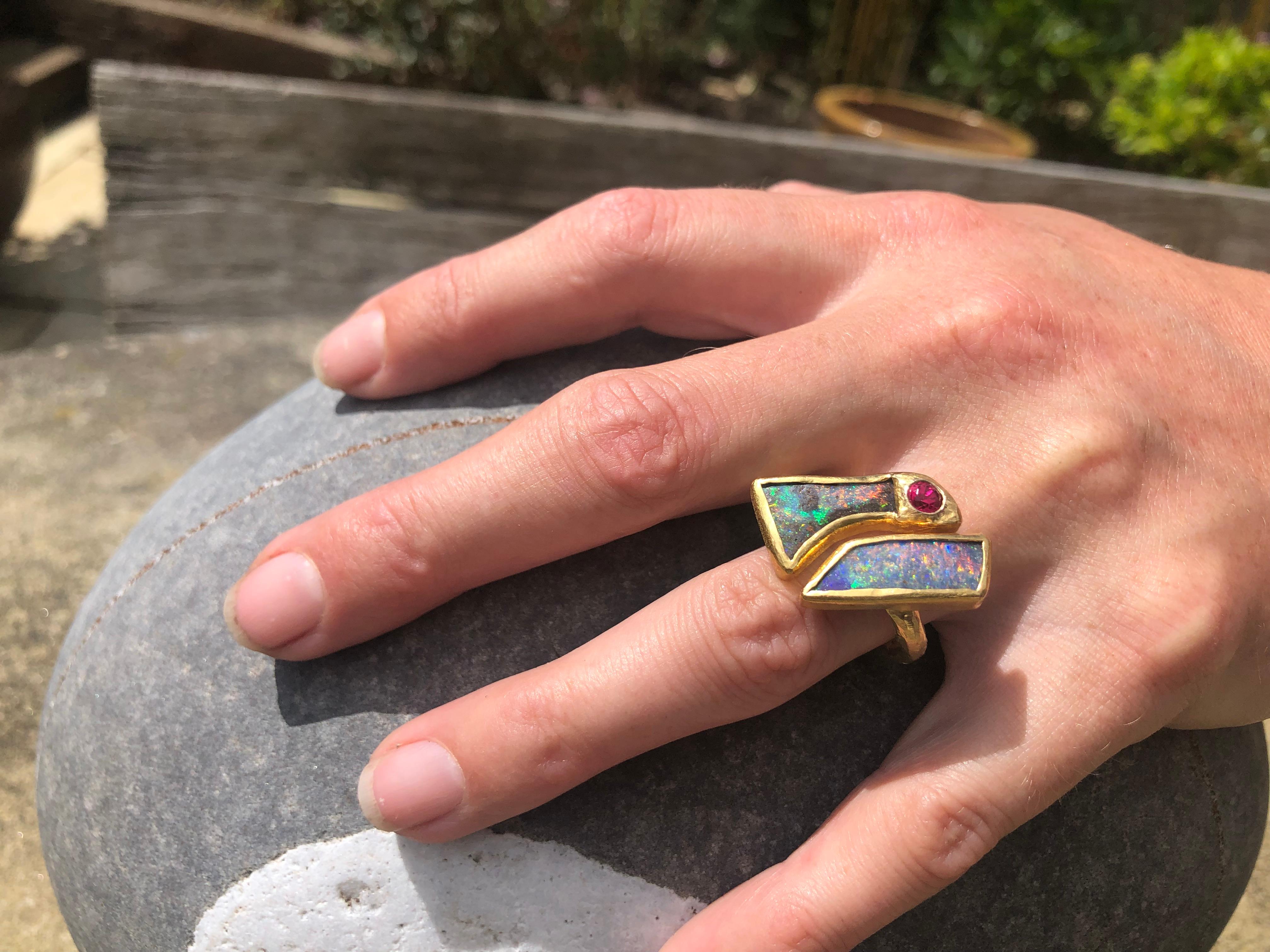 Double Opal Ring in Solid 22 and 18 Yellow Karat Gold with Spinel 1