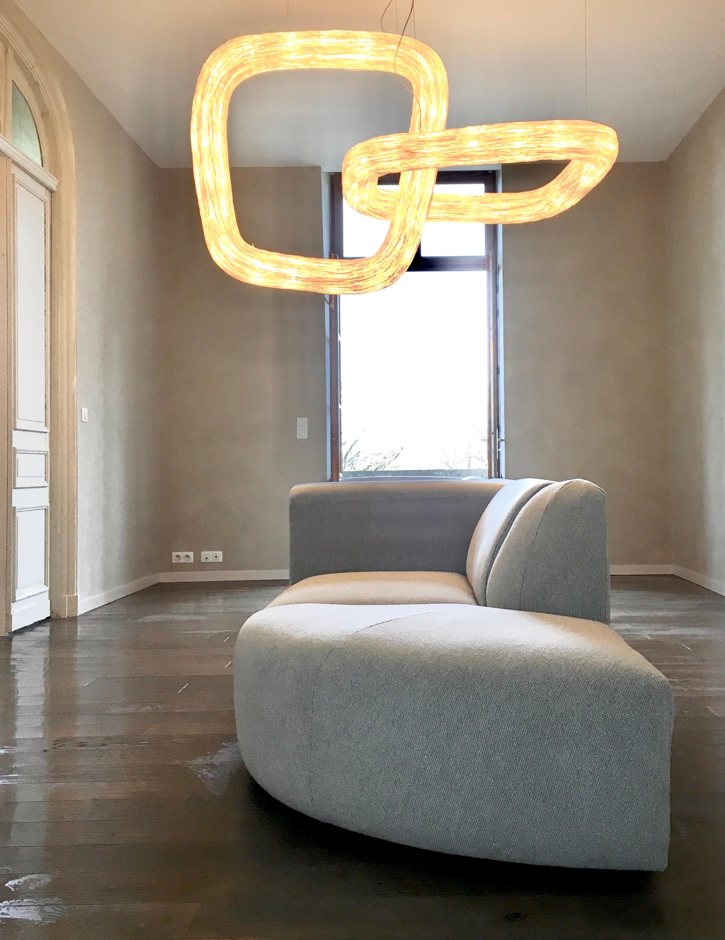 Contemporary Double Orbit by Ango, Rattan Pendant Light with Handcrafted Design For Sale