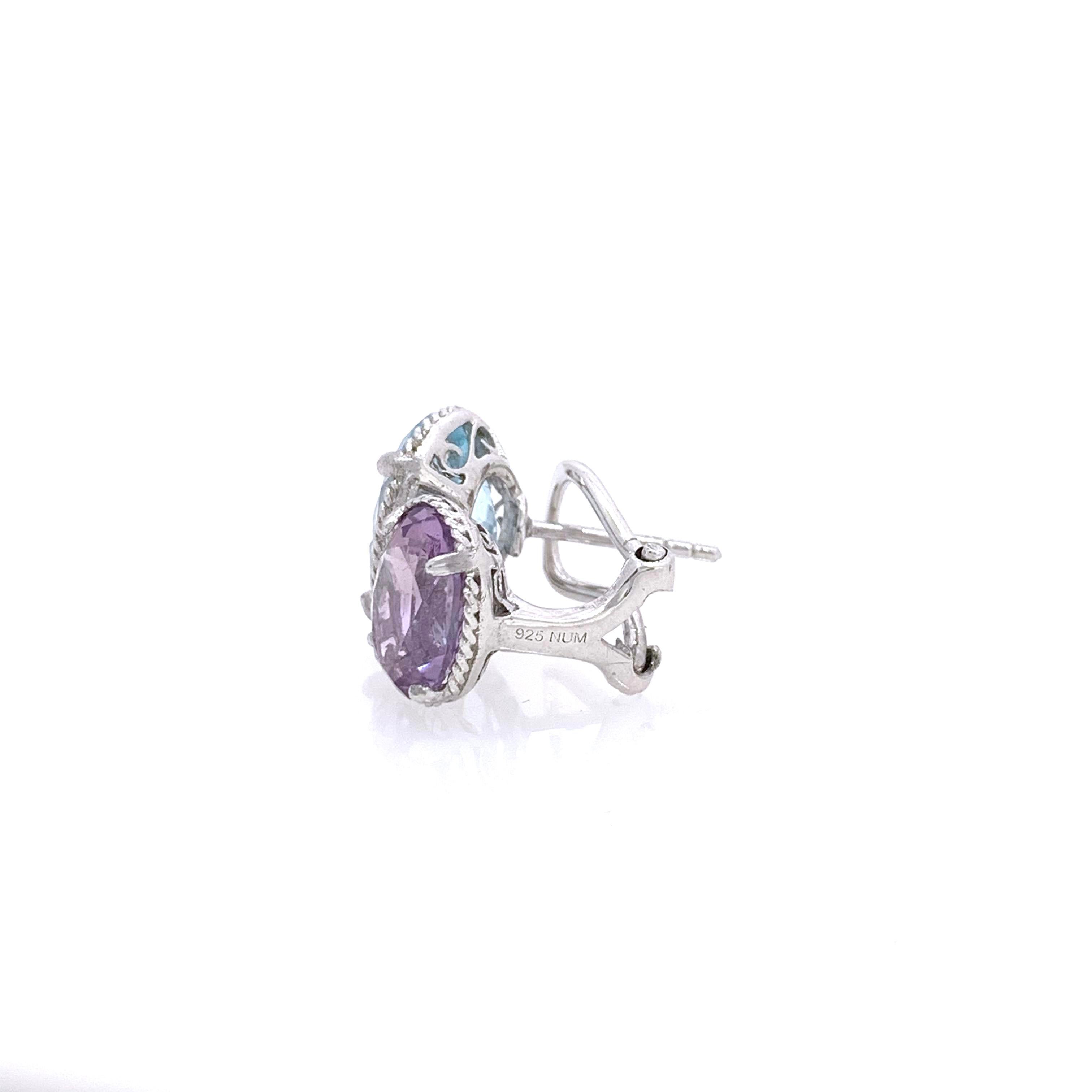 Contemporary Double Oval Blue Topaz and Amethyst Earrings