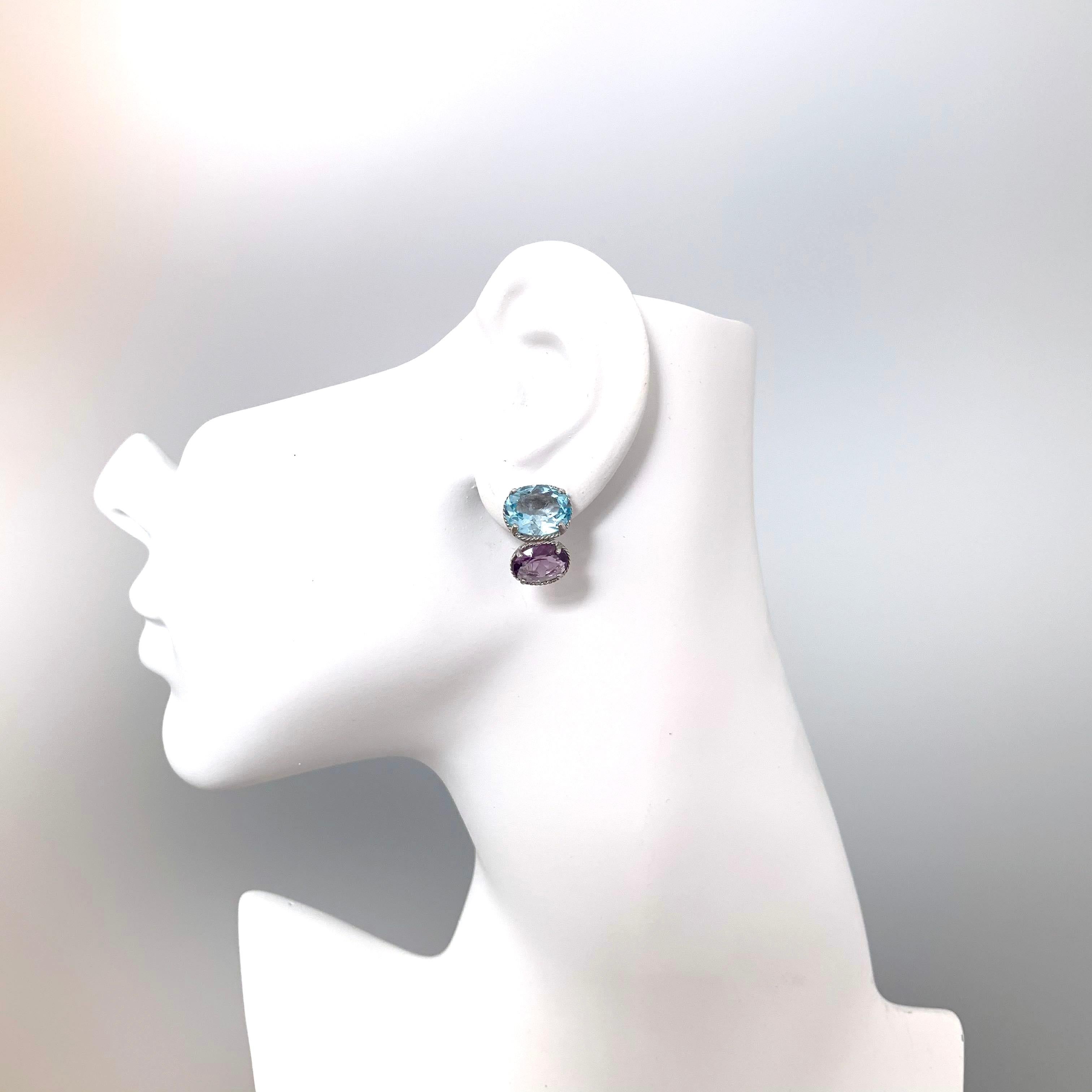 Double Oval Blue Topaz and Amethyst Earrings In New Condition In Los Angeles, CA