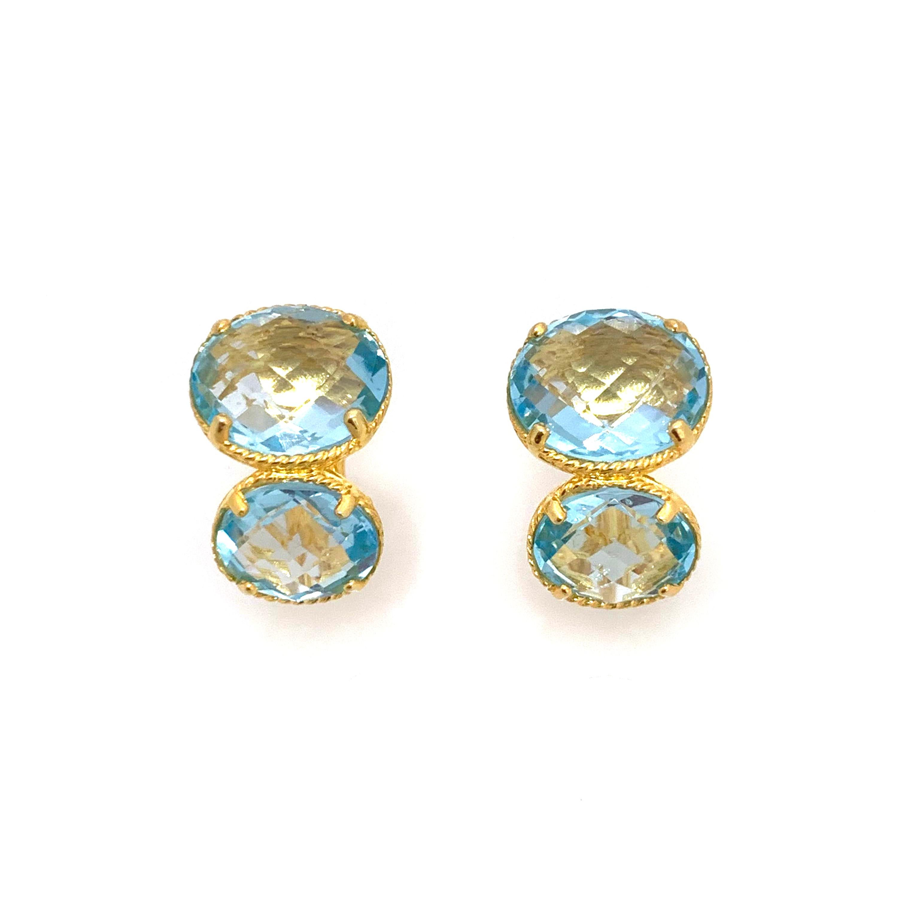 Stunning Bijoux Num Double Oval Briolette-cut Blue Topaz Vermeil Earrings. 

The earrings feature 4 beautiful briolette-cut oval blue topaz, handset in 18k gold vermeil over sterling silver.  Straight post back with omega clip backing. The earrings