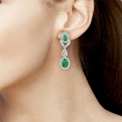 Double Oval Shaped Emerald Earrings with VS Diamonds Made in 14k White Gold