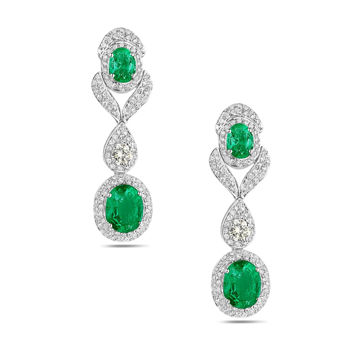 Mixed Cut Double Oval Shaped Emerald Earrings with VS Diamonds Made in 14k White Gold For Sale