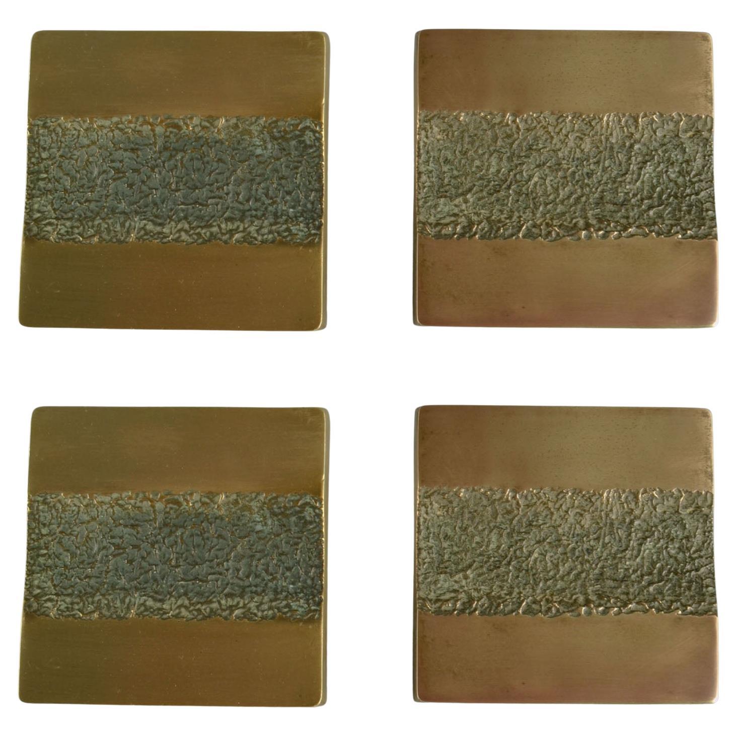 Set of Four Architectural Push and Pull Bronze Door Handle Square and Bell